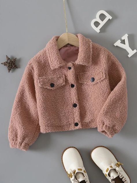 Toddler Girls Flap Detail Teddy Jacket | SHEIN USA Jackets For Girls Winter, Winter Baby Clothes Girl, Dusty Pink Fabric, Baby Girl Clothes Winter, Winter Baby Clothes, American Girl Clothes, Baby Jacket, Teddy Jacket