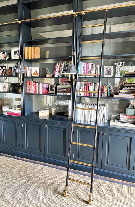 Bespoke Patinated Brass Bookcase Library Ladder and Rails - Andrew Nebbett Designs Book Shelves With Ladder, Library Wall With Ladder, Brass Bookcase, Diy Library Ladder, Library With Ladder, Dining Room Conversion, Bookcase Library, Library Ladders, Bookcase Ladder