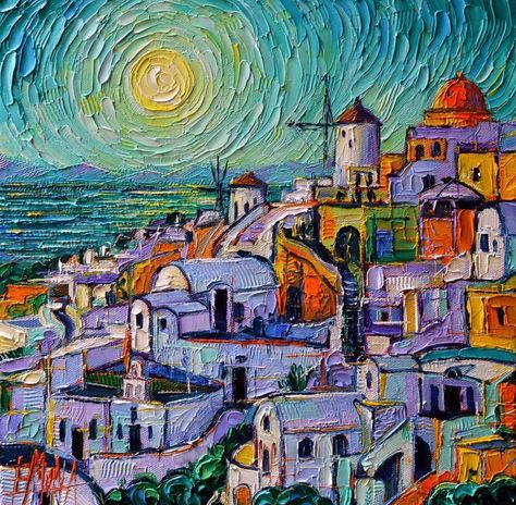 An eye catching piece of Santorini, Greece by an artist I started following recently called Mona Edulesco. Mona is a Romanian artist and architect based in France, known for her textured impasto palette knife oil paintings. Her art predominantly features abstract cityscapes, reflecting her background in architecture and urban planning. Edulesco blends her architectural experience with the expressive techniques of palette knife painting to create vivid, textural impressionistic works. Her styl... Wall Painting Ideas, Cuadros Diy, Moonlight Painting, Van Gogh Paintings, Cityscape Painting, Happy Paintings, Sunset Painting, Palette Knife, Beautiful Sunset