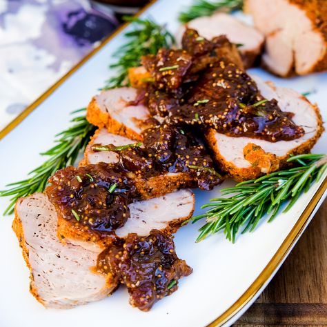 Pork Tenderloin with Dijon Fig Sauce (Air Fry or Roast) - The Foodie Affair Fig Stuffed Pork Tenderloin, Fig Pork Tenderloin, Pork And Fig Recipe, Fig Pork Chops, Fig Recipes Dinner, Fig Dishes, Fig Chutney Recipe, Sauce For Pork Tenderloin, Oven Roasted Pork Loin