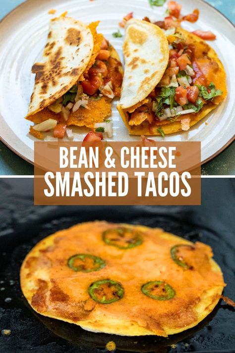 These bean and cheese crispy smashed tacos take just a few minutes to make and are some of my favorite tacos ever! Crispy cheese, jalapeños, and savory refried beans! #smashed #tacos #vegetarian #beanandcheese Smashed Tacos, Tacos Vegetarian, Refried Bean, Fried Tacos, Breakfast Taco, Crispy Tacos, Cheese Tacos, Crispy Cheese, Bean Tacos