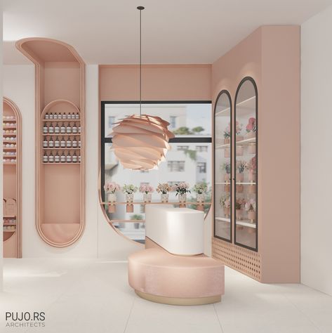 GIFT AND FLOWER SHOP on Behance Cosmetic Retail Design, Retail Shop Interiors, Beauty Shop Interior Design, Luxury Shop Interior, Flower Shop Design Interiors, Gift Shop Interior Design, Blush Interior Design, Flower Shop Interior Design, Shop Interior Design Retail