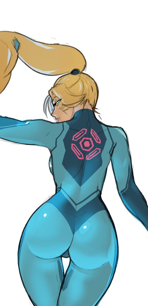 Zero Suit Ass by KenjaNoIshi on Newgrounds Zero Suit, Metroid Samus, Zero Suit Samus, Blue Bodysuit, Samus Aran, Nintendo Art, Comic Art Girls, High Ponytail, Metroid