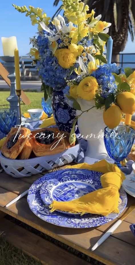 Blue And Yellow Italian Party, Amalfi Coast Inspired Patio, Lemon Dinner Table Decor, Yellow And Blue Birthday Decor, Amalfi Coast Flowers, Medditeranean Party Theme, Italian Lemon Theme Party, Almafi Themed Party, Positano Decor