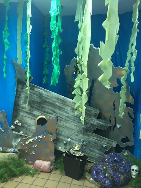 Deep Sea Decorations Ocean Themes, Underwater Pirate Shipwreck, Octopus Vbs Decoration, Scuba Vbs Sunken Ship, Diy Shipwreck Decor, Diy Sunken Ship Under The Sea, Deep Sea Party Decorations, Coral Diy Decor, Shipwreck Halloween Decorations