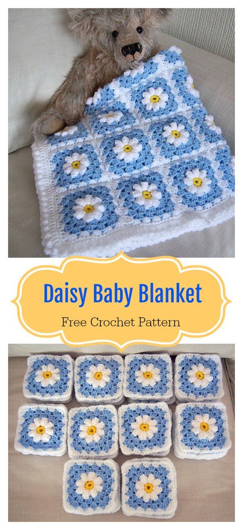 Baby Blanket Free Crochet Pattern, Crochet Square Pattern, Daisy Granny Square, Granny Square Baby Blanket, Crochet Unique, Crochet For Beginners Blanket, Crochet Granny Square Blanket, Crochet Daisy, Haken Baby