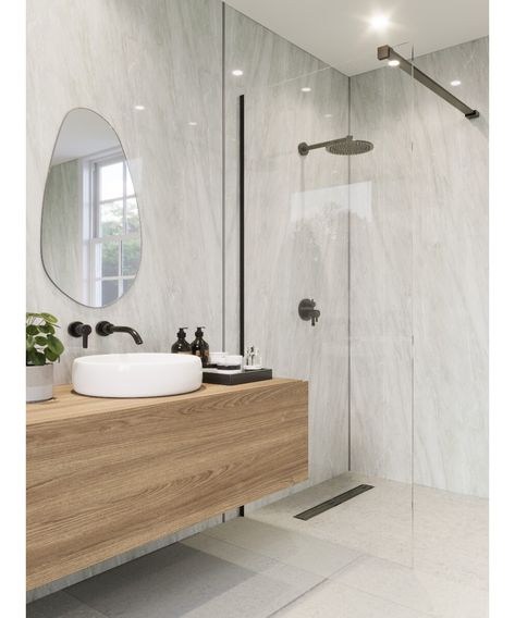 Kitchen Wall, Floor or Splashback Tiles | Ideas & Inspiration | | Topps Tiles Pvc Bathroom Panels, Modern Bathroom Decoration, Grey Marble Bathroom, Acrylic Shower Walls, Light Grey Bathrooms, Bathroom Cladding, Bathroom Shower Panels, Grey Bathroom Tiles, Bathroom Paneling