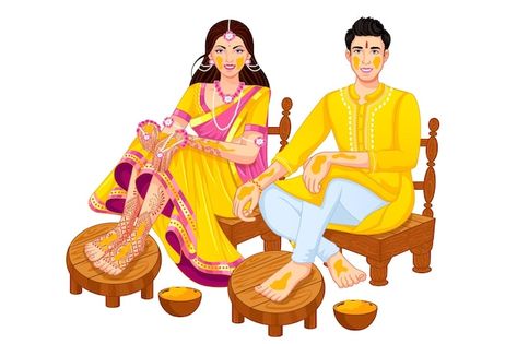 Haldi Ceremony For Bride, Indian Wedding Outfits For Men, Indian Wedding Bride And Groom, Hindu Wedding Decorations, Wedding Illustration Card, Couple Illustration Wedding, Bride And Groom Cartoon, Wedding Vector Art, Caricature Wedding