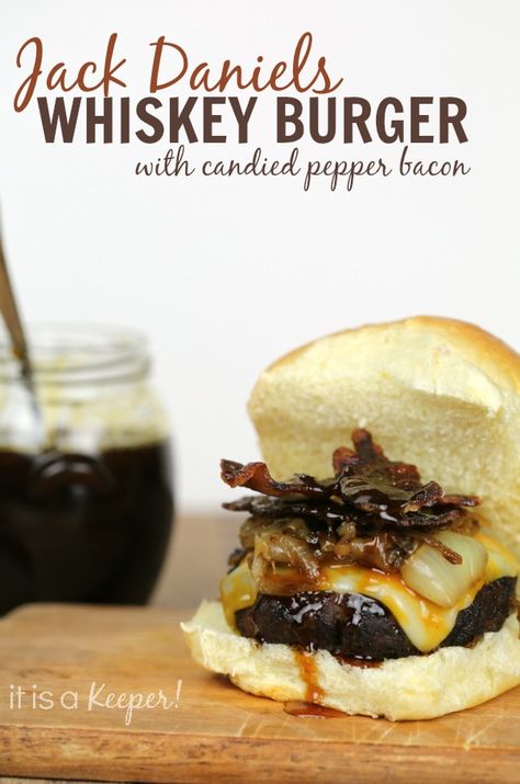 This Jack Daniels Whiskey Grilled Burger Recipe is packed with flavor and texture.  It has candied peppered bacon and an amazing Jack Daniels glaze. Jack Daniels Glaze, Whiskey Burger, Jack Daniels Recipes, Peppered Bacon, Grilled Burger Recipes, Grilled Burgers, Burger Recipe, Burgers Sandwiches, Jack Daniels Whiskey