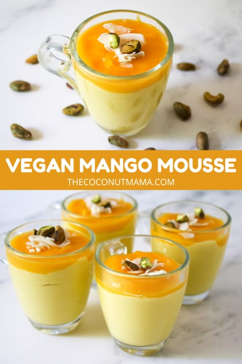 This vegan mango mousse is the perfect dessert for mango lovers! Made with just three ingredients and comes together in under 15 minutes. Vegan Mango Mousse, Mango Mousse Recipe, Mango Desserts, 3 Ingredient Desserts, Mango Dessert Recipes, Mango Mousse, Mango Dessert, Fruit Dessert Recipes, Flan Recipe