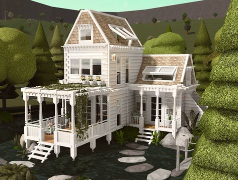 Bloxburg Floral House, Build Inspo Bloxburg, Cozy Bloxburg House Layout, Cottagecore Exterior House, Cute Houses Bloxburg, Bloxburg House 30k, Bloxburg House Summer, Custom Doors Bloxburg, Welcome To Bloxburg House Ideas