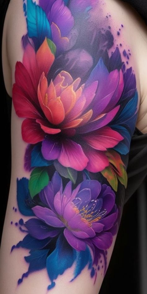 Thumb Tattoos, Floral Tattoo Shoulder, Bright Tattoos, Rose Shoulder Tattoo, Daisy Tattoo, Geniale Tattoos, Gorgeous Tattoos, Tatuaje A Color, Modern Tattoos