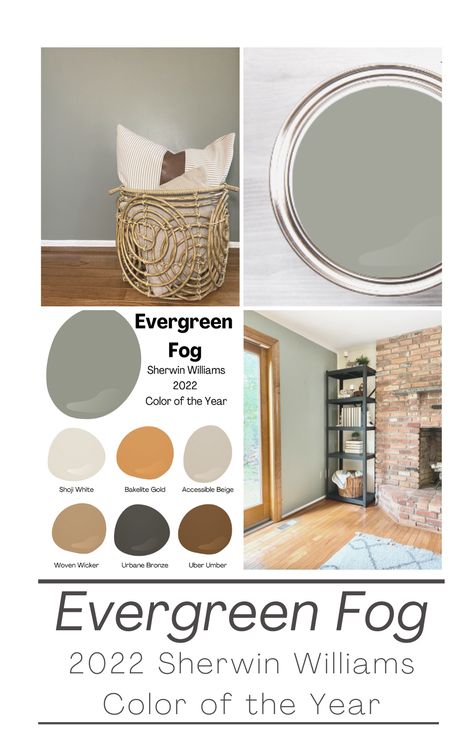 Small Sitting Room Paint Color Ideas, Evergreen Fog In Living Room, Evergreen Fog Trim Color, Sw Evergreen Fog Accent Wall, Evergreen Fog Whole House Palette, Living Room Evergreen Fog, Colors That Compliment Evergreen Fog, Evergreen Fog Accessible Beige, Color Palette Evergreen Fog