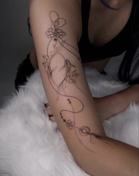 Tattoos That Flow With Arm, Asian Inspired Fine Line Tattoo, Water Art Tattoo, Chinese Charm Tattoo, Chinese Knot Tattoo, Charmed Tattoo, Ethereal Tattoo Ideas, Pelvic Tattoo, Charm Tattoo