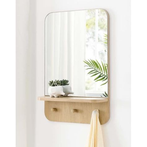 Hollow Modern Oak Wall Mirror with Shelf and Hooks - On Sale - Bed Bath & Beyond - 38250974 Wall Key Holder Entryway Mirror, Hooks For Entryway, Floating Shelf With Mirror, Entryway Mirror With Hooks, Entry Mirror, Wall Mirror With Shelf, Oak Wall, Entryway Mirror, Small Shelf