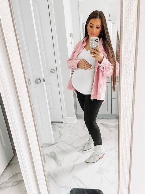 Pink shacket easy casual cute maternity outfit inspo bump fashion style Pink Pregnant, Pink Shacket, Bump Fashion, Gender Reveal Outfits, Maternity Lounge Wear, Casual Maternity Outfits, Cute Maternity, Pinkblush Maternity, Maternity Outfit