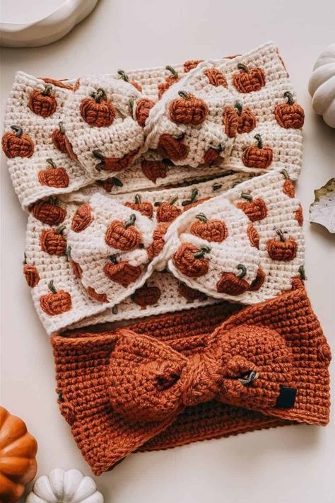 Pumpkin-themed headbands. These headbands are not only practical for those chilly fall days, but they’re also a fun way to embrace the season’s spirit. They’re quick projects that can be finished in a couple of hours, making them perfect for last-minute crafting sessions or as a cute accessory to sell at your next craft fair. Fall Hat Crochet Patterns Free, Fall Crochet Gift Ideas, Crochet Pumpkin Scarf Pattern, Pumpkin Cozy Crochet, Quick Crochet Fall Projects, Easy Fall Crochet Blanket, Crochet Fall Bucket Hat, Crochet And Cricut Projects, Fall Crochet Stuffies