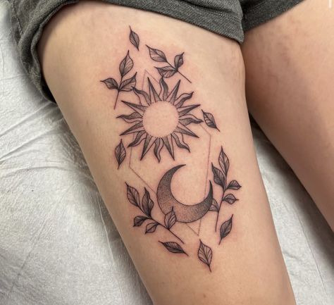 Sun And Moon Tattoo Arm Sleeve, Sun And Moon Tattoo Women Arm, Sun Moon Leg Tattoo, Gemini Sun And Moon Tattoo, Thigh Tattoos Sun And Moon, Thigh Tattoos Women Sun And Moon, Sun And Moon Tattoo Women, Mother Moon Tattoo, Sun And Moon Calf Tattoo