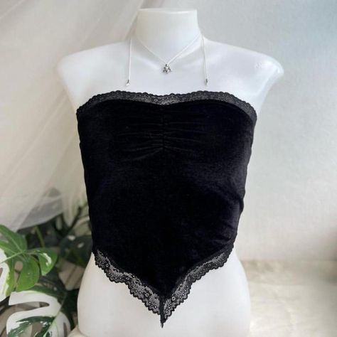 Cute Black Gothic Grunge Velvet Crop Tube Top With... - Depop Velvet Tube Top, Crop Tube Top, Top With Lace Trim, Black Punks, Gothic Grunge, Cropped Tube Top, Black Crop, Black Crop Tops, Skirt Leather