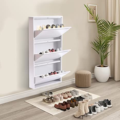 Entryway Shoe Storage Cabinet with 3 Drawers, Wall Mounted & No-Assembly Metal Shoe Cabinet for Entryway, Hallway, and Corridor, Holds 9 Pair Shoes, White Drawer Shoe Storage, Shoe Storage Display, Shoe Drawers, Bucket Organizer, Freestanding Wall, Entryway Storage Cabinet, Modern Shoe Rack, Shoe Drawer, Hallway Foyer