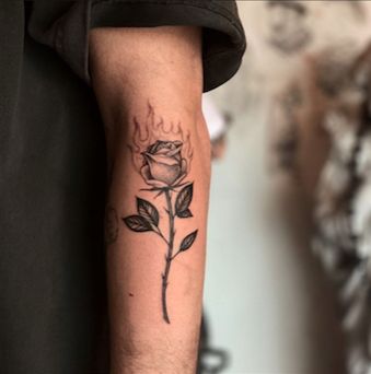 Rose With Fire Tattoo, Rose With Flames Tattoo, Rose Fire Tattoo, Small Rose Tattoo Men, Flower On Fire Tattoo, Flaming Rose Tattoo, Burning Rose Tattoo, Rose On Fire Tattoo, Fire Rose Tattoo