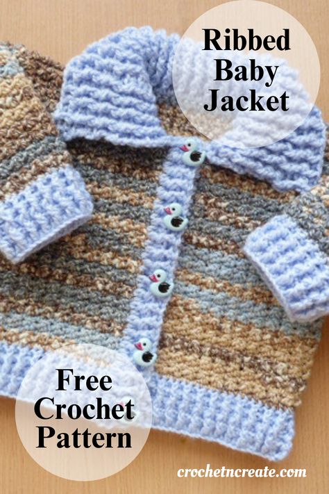 Ribbed baby jacket free crochet pattern. #crochetbabycardigan #crochetbabysweater #crochetncreate Crochet Baby Cardigan Free Pattern, Crochet Patterns Baby Boy, Crochet Baby Sweater Pattern, Crochet Baby Jacket, Ribbed Crochet, Baby Cardigan Pattern, Crochet Baby Sweater, Baby Sweater Patterns, Baby Crochet Patterns Free