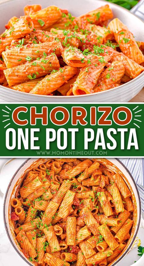 This easy Chorizo Pasta recipe is one of our favorite one pot pasta recipes and is ready in under 30 minutes! Full of flavor and super easy to make, this simple sausage pasta is perfect for busy weeknights. // Mom On Timeout Chorizo Recipes Dinner Pasta, Chorizo Recipes Dinner, Chorizo Pasta Recipes, Pot Pasta Recipes, Pasta One Pot, Comfort Pasta Dishes, Chorizo Pasta, Weeknight Dinner Recipes, Mom On Timeout