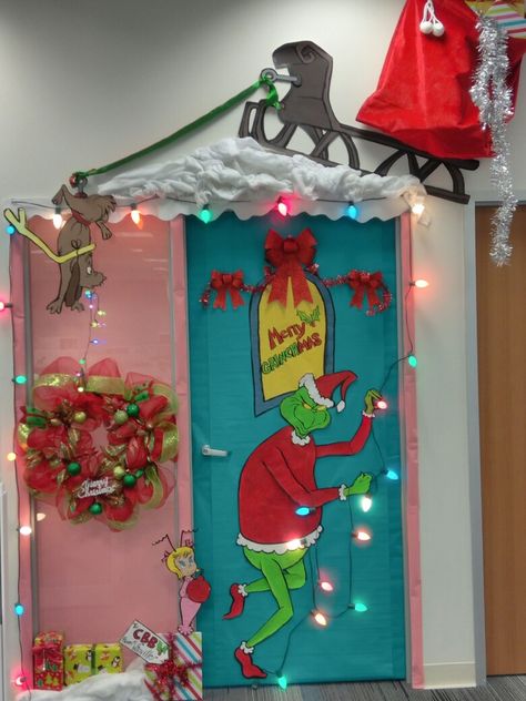 Hand painted Christmas door decor #thegrinch #merrygrinchmas #doordecor #christmasdoor Grinch Door Decorations, Grinch Classroom, Grinch Door, Christmas Hallway, Door Decorations Classroom Christmas, Holiday Door Decorations, Christmas Door Decorating Contest, Christmas Door Decor, Christmas Classroom Door