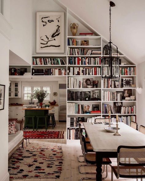 Henry Higgins, Vermont House, Floor To Ceiling Bookshelves, Slanted Ceiling, Home Library Design, Home Libraries, Built In Bookcase, Everything But The House, Cozy Place