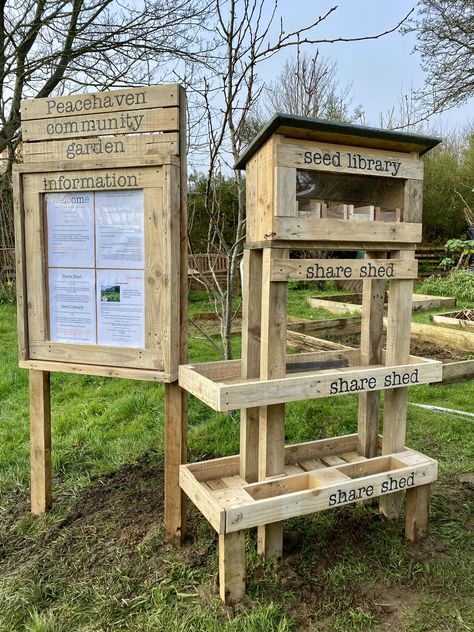 Community Garden Signage, Seed Library Ideas, Community Garden Sign, Community Garden Design, School Garden Club, Community Garden Ideas, Seed Library, Preschool Garden, Community Ideas