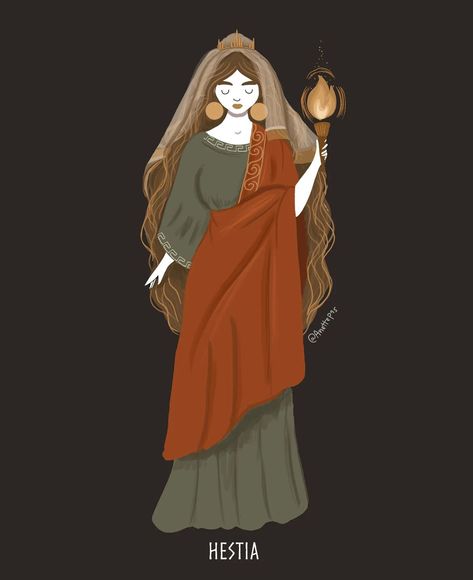 Hestia. Goddess of hearth, the domestic affairs and home. She was also known as the goddess of sacrificial flame and was honoured with… | Instagram Goddess Hestia, Hestia Goddess, Pagan Poetry, Slavic Goddess, Goddess Of The Hearth, Greek Goddesses, Myths & Monsters, Greek Pantheon, Greek Mythology Gods