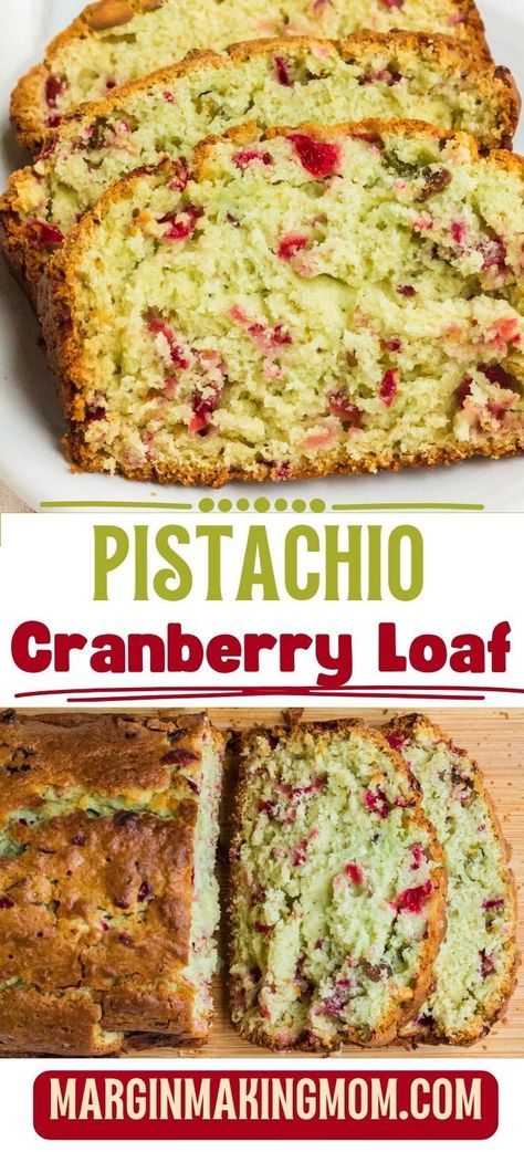 This easy cranberry pistachio bread is made from scratch, so no cake mix is required. It's moist and tender, full of pistachio flavor and bursting with cranberries. It makes a beautiful Christmas breakfast or dessert, thanks to the green and red colors! Pistachio Quick Bread, Pistachio Oil Recipes, Healthy Pistachio Recipes, Recipes With Pistachios, Pistachio Bread Recipe, Pistachio Dessert Recipes, Cherry Loaf Cake, Pistachio Recipes Desserts, Cranberry Loaf