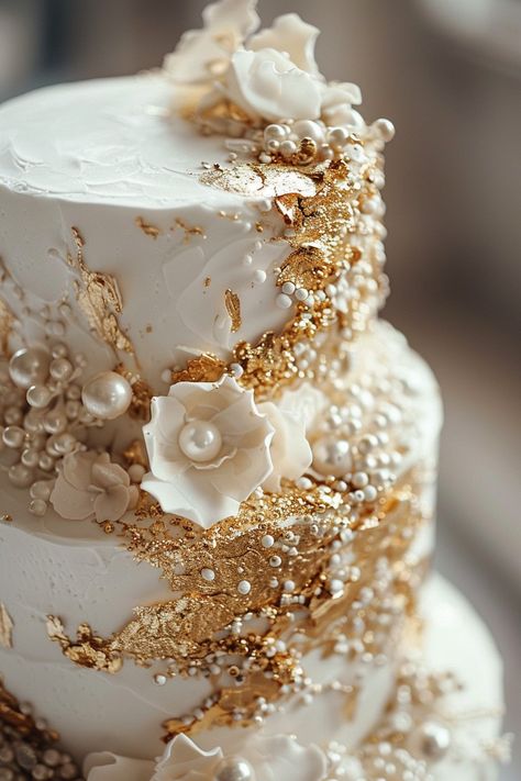 Wedding Cake Elegant Gold, Wedding Cake Gold Leaf, Glamorous Wedding Cakes, Luxury Wedding Cake Design, Pearl Wedding Cake, Golden Wedding Cake, White And Gold Wedding Cake, Geode Cake Wedding, Metallic Wedding Cakes