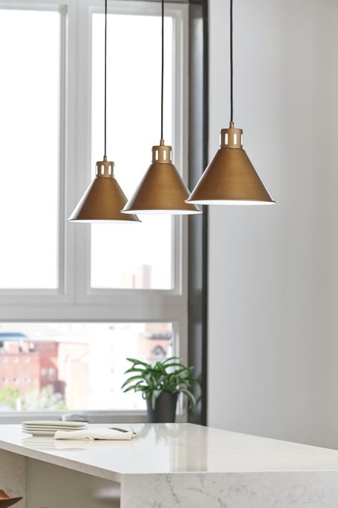 Brass mini-pendants are the perfect addition to a sleek island 💡 ⁠ Modern Farmhouse Pendant Lighting, Farmhouse Home Design, Transitional Style Decor, Rustic Pendant Lighting, Modern Rustic Homes, Modern Rustic Decor, Brass Pendant Light, Rustic Chandelier, Rustic Lighting