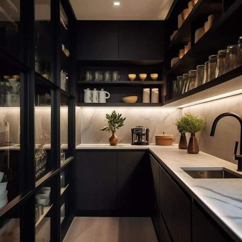 21 Butler Pantry Ideas You Will Adore – Rhythm of the Home Black Butlers Pantry, Butlers Pantry With Sink, Butler Pantry Decor, Contemporary Pantry, Butler Pantry Ideas, Butlers Kitchen, Black Pantry, Butlers Pantry Ideas, Kitchen With Butlers Pantry