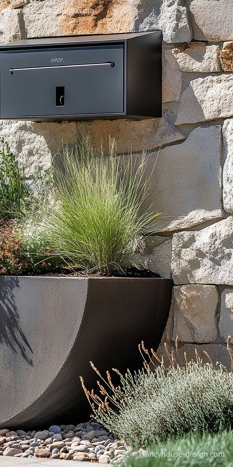 The eye-catching mailbox planter incorporates architectural elements with colorful plants for a dynamic design. Mailbox Planter, Boost Curb Appeal, Modern Mailbox, Front Yard Design, Design Decor Ideas, Colorful Plants, Yard Design, Outdoor Backyard, Dynamic Design