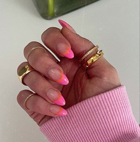 Orange Tip Almond Nails, Pink And Orange French Tip Nails Almond, Acyrilics Nails Ideas Almond, Pink Orange Almond Nails, Pink Nails Orange Tip, Pink Nails With Orange Tips, Summer French Almond Nails, French Tip Pink And Orange, Simple Summer Nails Almond Shape