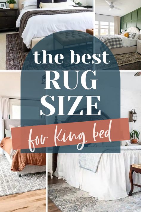 Find the perfect rug size for your king bed! Dive into our easy guide on Pinterest to ensure your bedroom feels cozy and balanced. Learn expert tips and see inspiring visuals to help you make the right choice. Elevate your bedroom decor effortlessly! Runners Around King Bed, Rug On Side Of Bed, What Size Rug For King Bed, Small Bedroom Rug Placement, Rug In Bedroom How To Place, Bedroom Rugs Under Bed King, Bedroom Rug Placement King, Rug Under King Size Bed, Rug Size King Bed