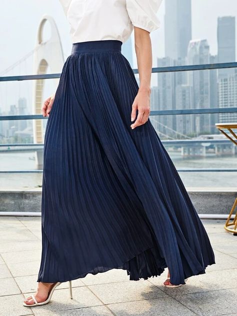 SHEIN Pleated Solid Skirt | SHEIN USA Navy Pleated Skirt Outfit, Formal Inspiration, Pleated Skirt Outfit, Vintage England, Belted Wrap Dress, Solid Skirt, Women Bottoms, Maxi Skirt Outfits, Hippy Chic