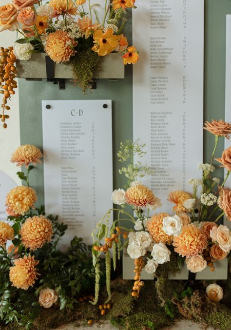 Stems Floral Design | The ARLO | Just Like Honey Photography | Events by Mackenzie | | | ....Vintage Editorial Style Wedding with Funky Orange Brown and Green Flowers Unique Fun Seating Chart Austin TX Hill Country Green Seating Chart Wedding, Seating Chart Flowers, Floral Seating Chart Wedding, Orange Seating Chart, Green Brown Wedding, Citrus Seating Chart, Modern Barn Wedding Seating Chart, Seating Chart Wedding Floral, Pressed Floral Seating Chart