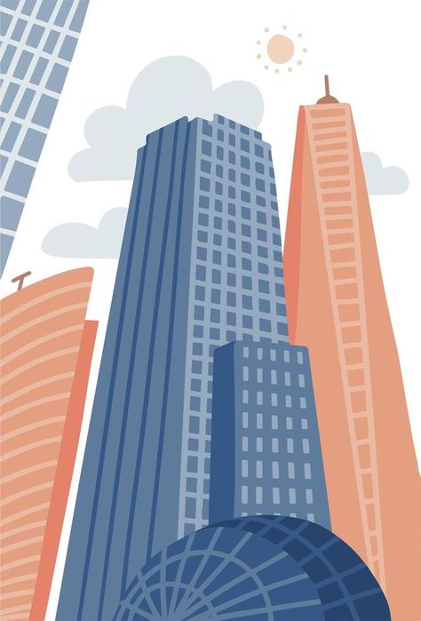 Cartoon modern city in flat hand drawn style. Urban cityscape with skyscrapers, urban property. Vector illustration vertical panorama, modern cityscape. Flat Illustration City, Skyscraper Illustration, Apartment Illustration, Illustrated Buildings, Vertical Drawing, Vertical Panorama, Vertical Illustration, Buildings Illustration, City Vector Illustration