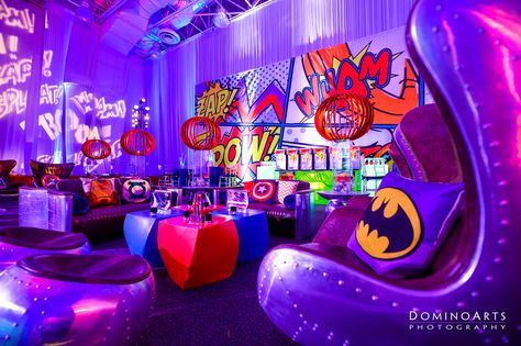 Image result for image superhero fundraiser decor Pop Art Party, Bar Mitzvah Themes, Girl Superhero Party, Mitzvah Decor, Bar Mitzva, Corporate Events Decoration, Spiderman Theme, Super Hero Theme, Popcorn Party