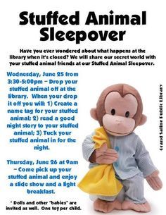 Stuffed Animal Sleepover Teddy Bear Sleepover At School, Library Stuffed Animal Sleepover, Family Library Programs, Teddy Bear Sleepover, Stuffed Animal Sleepover At The Library, Stuffy Sleepover, Stuffed Animal Sleepover, Library Storytime, Storytime Ideas