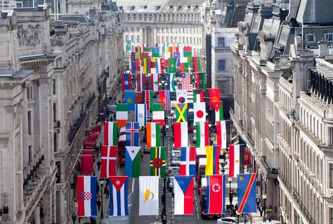 Flags Aesthetic, Celebration Aesthetic, Decorating With Flags, World Flags, Letterpress Greeting Cards, Regent Street, Flags Of The World, World Trade, World Trade Center