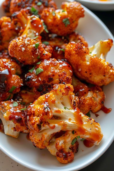 This Maple Sriracha Roasted Cauliflower is the perfect balance of sweet and spicy, roasted to crispy perfection in just 35 minutes! With only a handful of ingredients, this easy recipe will make your cauliflower the star of the meal. Serve it as a side dish or a main and watch it disappear! Save this recipe and try it today! #CauliflowerRecipe #RoastedCauliflower #VeganRecipes #SweetandSpicy Asian Recipes Sides, Cauliflower Rice Recipes Dinner, Quick Dinner Ideas Healthy Clean Eating, Cauliflower Siracha Recipes, Asian Cauliflower Recipes, Balsamic Cauliflower Roasted, Cauliflower Appetizer Recipes, Thai Roasted Cauliflower, Spicy Cauliflower Recipes