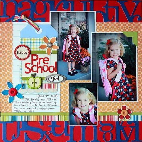 PreSchool Preschool Layout, Preschool Scrapbook, School Memories Scrapbook, School Layouts, Scrapbook School, School Scrapbook Layouts, Scrapbook Design Layout, Preschool Girl, I Love School