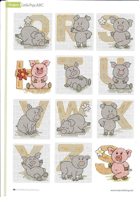 Little Pigs ABC Cross Stitch Patterns 3/3 Pig Cross Stitch, Counted Cross Stitch Patterns Free, Stitch Letters, Pig Crafts, The World Of Cross Stitching, Cross Stitch Plastic Canvas, Cross Stitch Alphabets, Disney Cross Stitch Patterns, Alphabet Cross Stitch