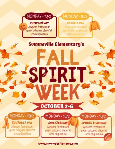 Yellow List-based Fall Spirit Week Flyer (us Letter) Spirit Week Flyer Template, Thanksgiving Spirit Week, Fall Spirit Week, Spirit Week Flyer, Photoshop Flyer, Linkedin Background Image, Linkedin Background, Flyers Design, Linkedin Banner