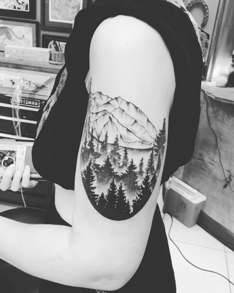 Session one down for my Alaska tattoo with Mount Denali and pine trees! The next session will be the finishing the rest of my upper arm and shoulder with the northern lights #alaskatattoo #dotwork #alaskantattoo #riseabovetattoo #orlando #firsttattoo Denali Tattoo, Rise Above Tattoo, Alaskan Tattoos, Alaska Tattoo, River Tattoo, Red Tattoos, First Down, Aesthetic Tattoo, First Tattoo