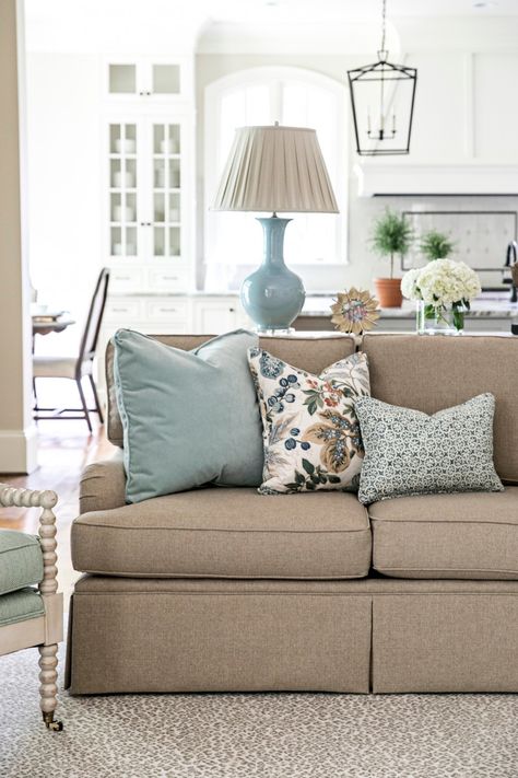 Living Room Decor Beige And Blue, Beige Living Room Couch, How To Style A Beige Couch, Light Blue And Beige Living Room, Modern Farmhouse Living Room Blue, Blue Living Room Sofas, Tan Furniture Living Room, Blue Farmhouse Living Room, Couch Color Ideas